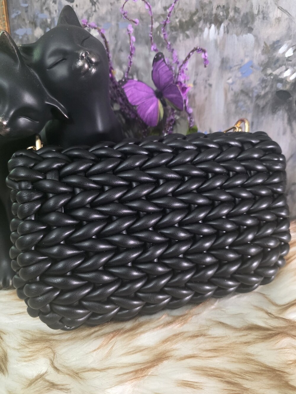 Auth NWT Michael Kors Black Braided Leather Shoulder Bag with Gold Chain - Picture 2 of 11